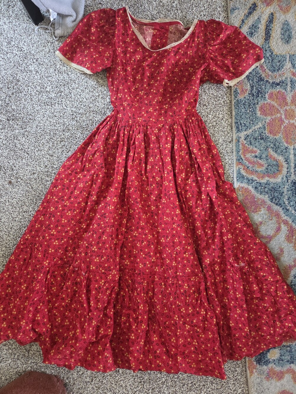 Vintage Hand Sewn Red micro Print Cottagecore Prairie Girl Dress XS - S